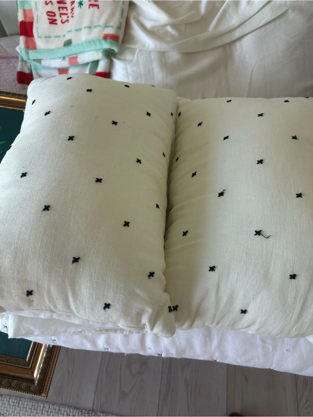 Anthropologie Cream Throw Pillow Pair with Black Cross-Stitch Dots